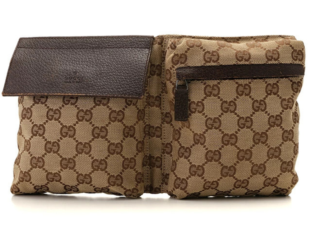 Gucci GG Waist Bag Dark Brown Beige Cream Canvas Calfskin